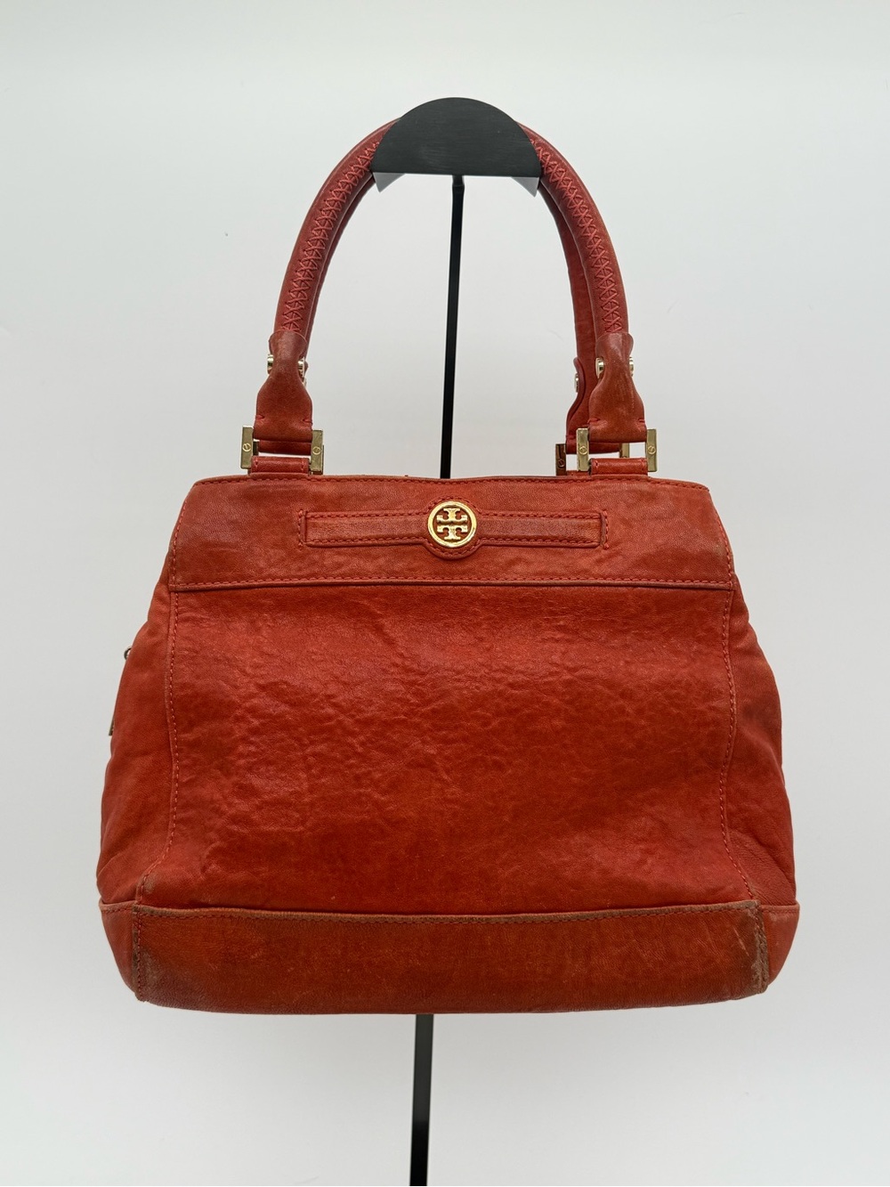 Tory Burch Burnt Orange Distressed Leather Satchel Bag with Mirror